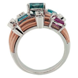 Blue zircon, tourmaline and diamond cable ring