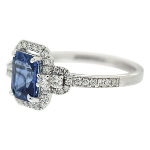 Emerald cut sapphire engagement ring, side