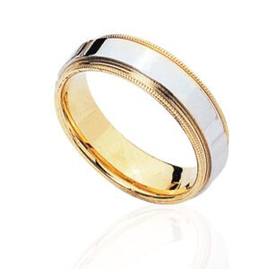 MENS TWO TONE FLAT COMFORT FIT WEDDING BAND WITH MILGRAIN POLISHED EDGE IN 14 KARAT GOLD