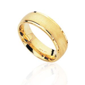 Brushed comfort fit wedding band with polished edge in 14 karat yellow gold