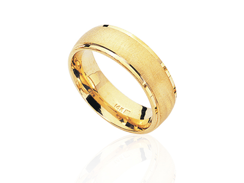 Brushed comfort fit wedding band with polished edge in 14 karat yellow gold