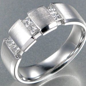 MENS 8MM BRUSHED COMFORT FIT WEDDING BAND WITH PRINCESS DIAMONDS IN 14 KARAT WHITE GOLD
